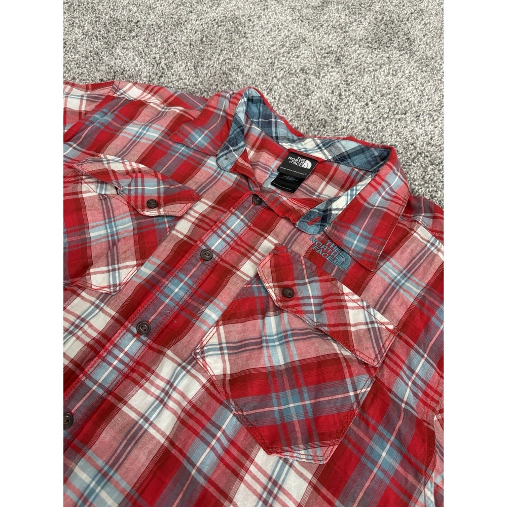 The North Face Mens XL Plaid‎ Short Sleeve Button Up Shirt Red Blue Cotton Modal